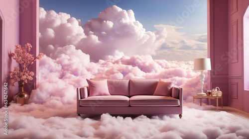 Cloud floating in a pink room. Generative Ai