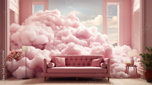 Cloud floating in a pink room. Generative Ai