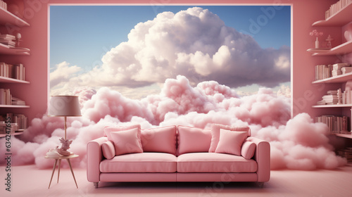 Cloud floating in a pink room. Generative Ai