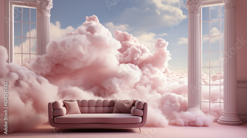 Cloud floating in a pink room. Generative Ai
