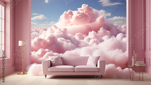 Cloud floating in a pink room. Generative Ai