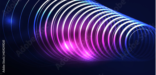 Neon laser lines  circles waves abstract background. Neon light or laser show  electric impulse  power lines  techno quantum energy impulse  magic glowing dynamic lines