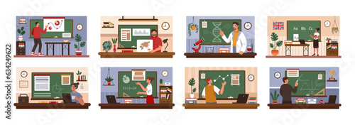 School teachers. Professor at classroom blackboard. Students studying. Science class. People teaching chemistry and mathematics. Education lessons set. Vector tidy cartoon illustration
