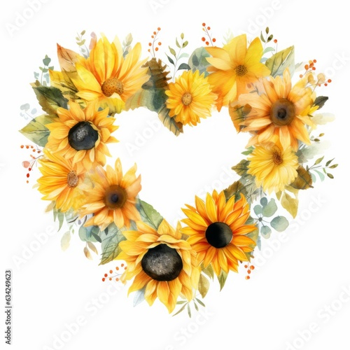 Sunflower wreath heart frame of yellow flowers watercolor illustration
