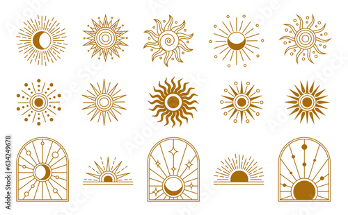 Sun logo. Boho logotype gold elements, yoga icon collection, celestial moon and sunset set, mystic zodiac eye and rainbow. Summer bohemian minimal vector tidy line illustration