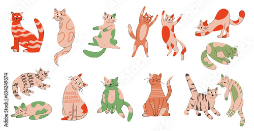 Funny cats. Cute colorful adorable animals in different poses. Doodle drawing stickers. Sitting and playing kitty. Happy pets sitting. Playful mammals. Cartoon flat isolated vector characters