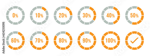 Percentage infographics in orange color. Circle loading and circle progress collection. Set of circle percentage diagrams for infographics 0 10 20 30 40 50 60 70 80 90 100 percent in orange color.