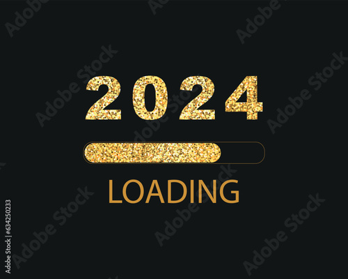 2024 New Year countdown loading. Loading bar with golden glitter 2023 to 2024 on black background. The beginning of the starting goal and action plan concept. 