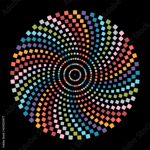 Colorful squares spiral circle isolated on black background. Squarish circular swirl mandala vector illustration.