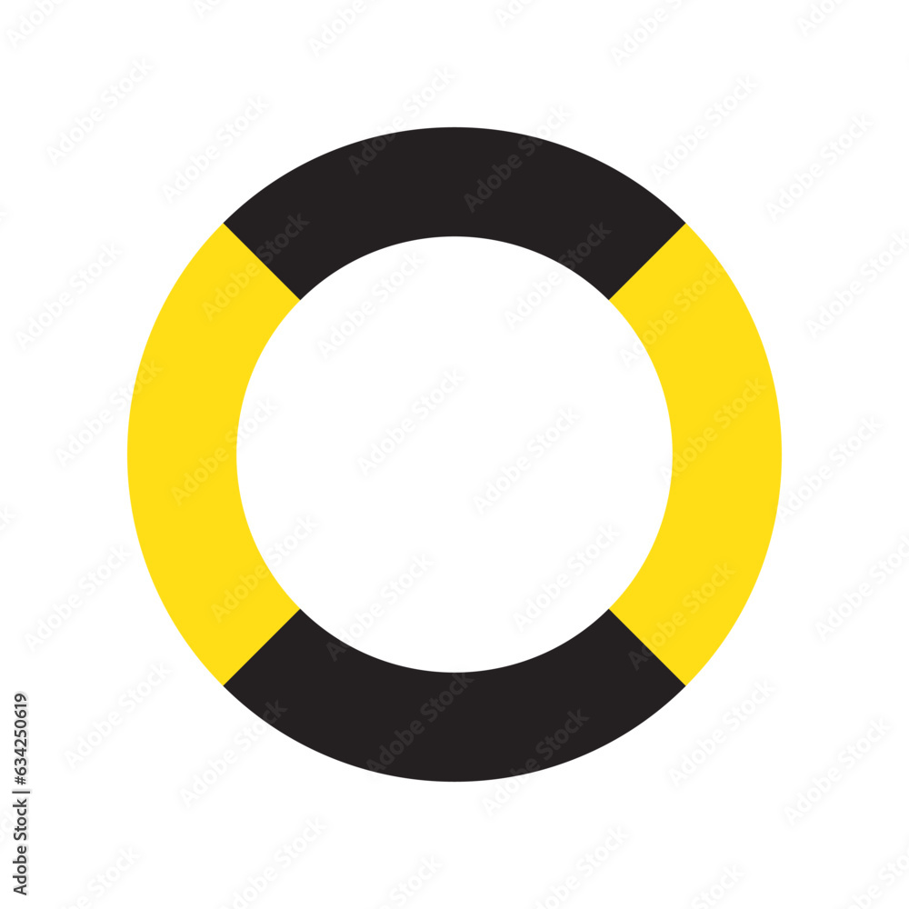 Warning circle icon with four black and yellow parts. Safety caution logo frame vector illustration. Warning circle icon with four black and yellow parts. Safety caution logo frame vector illustration.