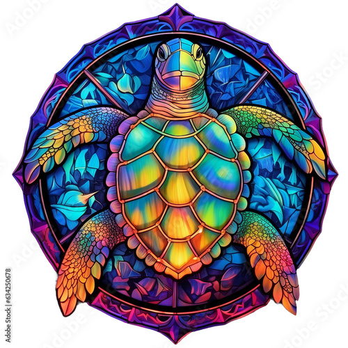 stained glass sea turtle colorful iridescent, round shape isolated  photo