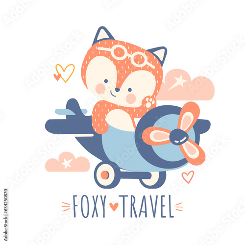 Little fox in an aircraft. Happy journey by plane. Scandinavian style print. Hand drawn vector illustration. Baby's shirt design, kids wear, baby shower decoration, greeting card