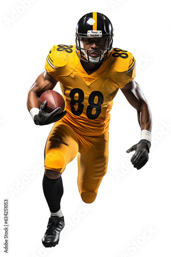 An American football player in a black helmet and yellow uniform runs with a ball in his hand. Isolated on a transparent background