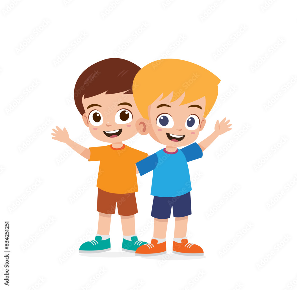 Cute little boy hug best friend and smiles vector illustration