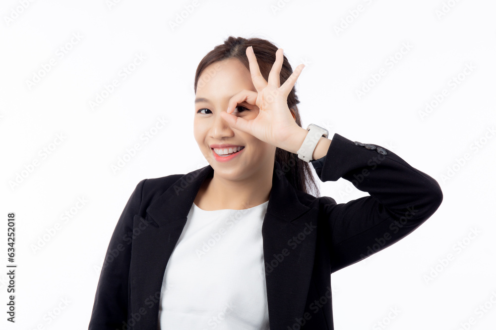 Portrait young asian businesswoman gesture vision on eye with excited isolated white background, business woman posing ok with funny and enjoy, marketing and advertising, business concept. Portrait young asian businesswoman gesture vision on eye with excited isolated white background, business woman posing ok with funny and enjoy, marketing and advertising, business concept.