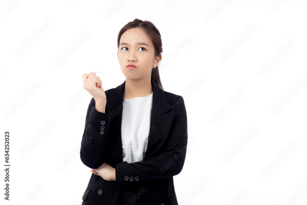 Portrait beautiful young asian businesswoman standing thinking idea with doubt for planning while serious isolated white background, business woman decision for choice with expression confused. Portrait beautiful young asian businesswoman standing thinking idea with doubt for planning while serious isolated white background, business woman decision for choice with expression confused.