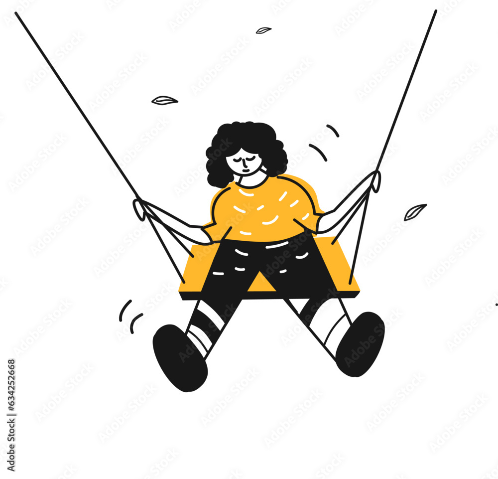 Obraz premium Child on a swing in line art drawing style. Black linear sketch isolated on white background.