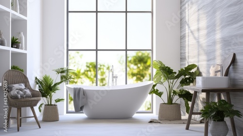 Bright and white bathroom with a variety of green plants of deep forest style  Generative AI