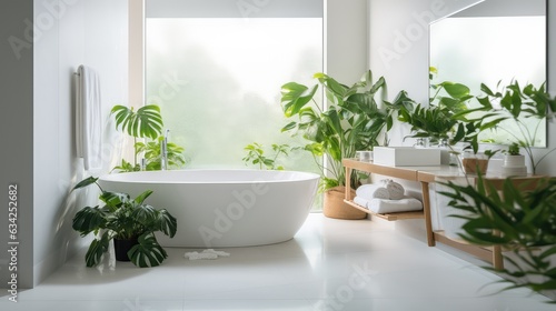 Bright and white bathroom with a variety of green plants of deep forest style, Generative AI