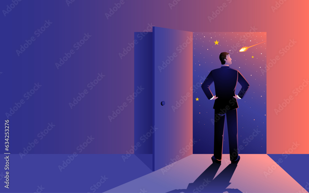 Obraz premium Man gazes through an open door, facing the vastness of outer space. Concept for, Imaginative exploration, embodying the pursuit of the unknown, the strength of knowledge, and the essence of discovery