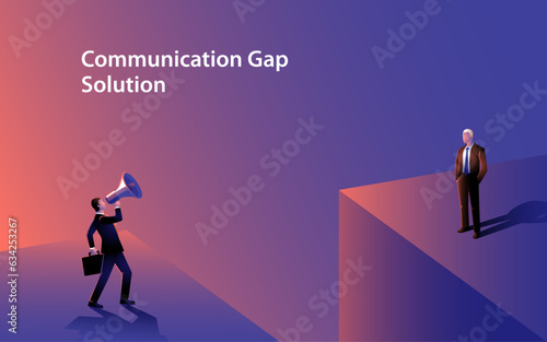Young businessman uses a megaphone to bridge the gap with an older colleague across an abyss. Symbolizes effective communication, collaboration, and breaking of generational barriers in business world