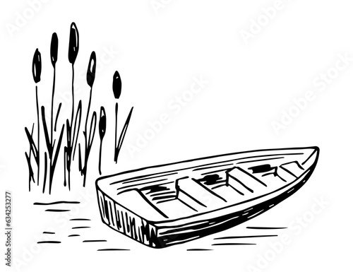 Boat in the reeds, lake shore. Nature and landscape, fishing. Simple black outline vector drawing. Sketch in ink.