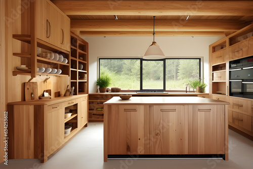 Kitchen interior in eco style and furniture made of natural wood. Open storage on shelves, natural materials in interior design. Kitchen interior. 3d rendering