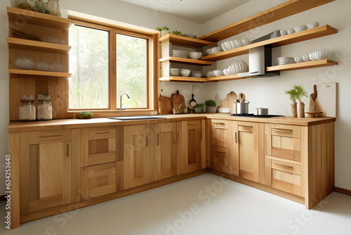 Kitchen interior in eco style and furniture made of natural wood. Open storage on shelves, natural materials in interior design. 3d rendering © Nyetock
