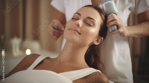 beautiful young woman laying and receiving massage in spa salon beauty treatment items setting on bed in spa white room, Generative AI