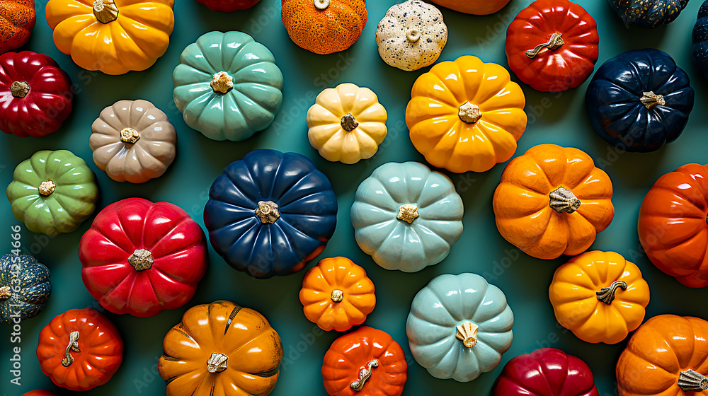 Assorted colorful plaster pumpkins for fall harvest
