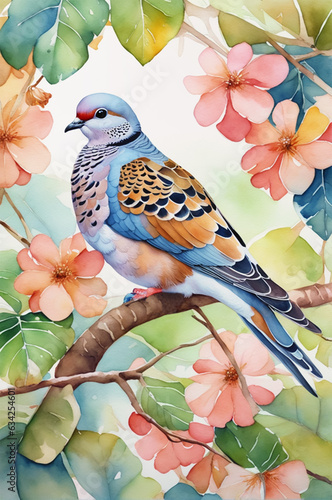 A turtle dove in the forest at spring - Watercolor style