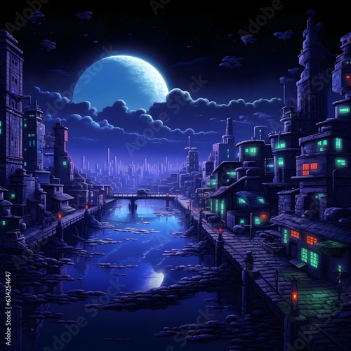 Midnight Magic: Mario's Nighttime Coastal Quest in Pixel Art photo