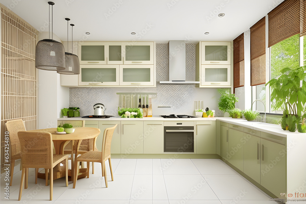 Interior design of kitchen space with rattan commode, chair, herbs, vegetables, food and kitchen accessories in modern home decor. Template.