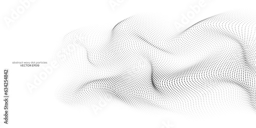 Flowing dots particles wave pattern black isolated on white background. Vector in concept of technology, science, music, modern.