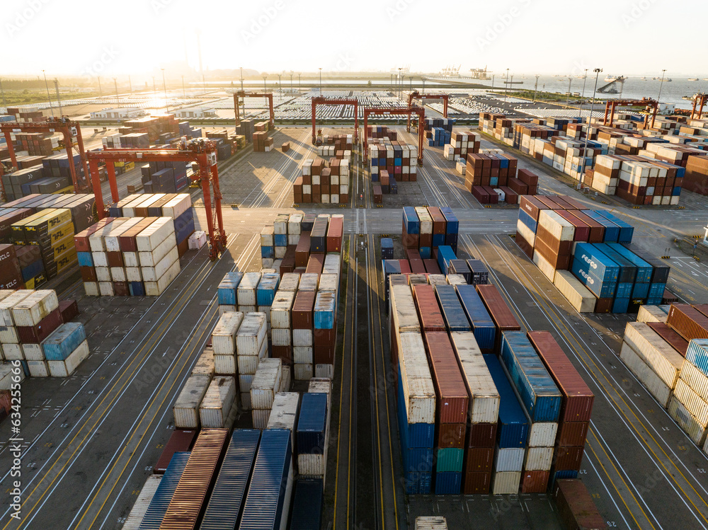Poster Aerial top view of Container ship loading and unloading, Cargo ...