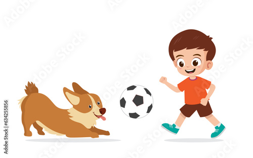 Cute little kid boy play with pet dog vector illustration