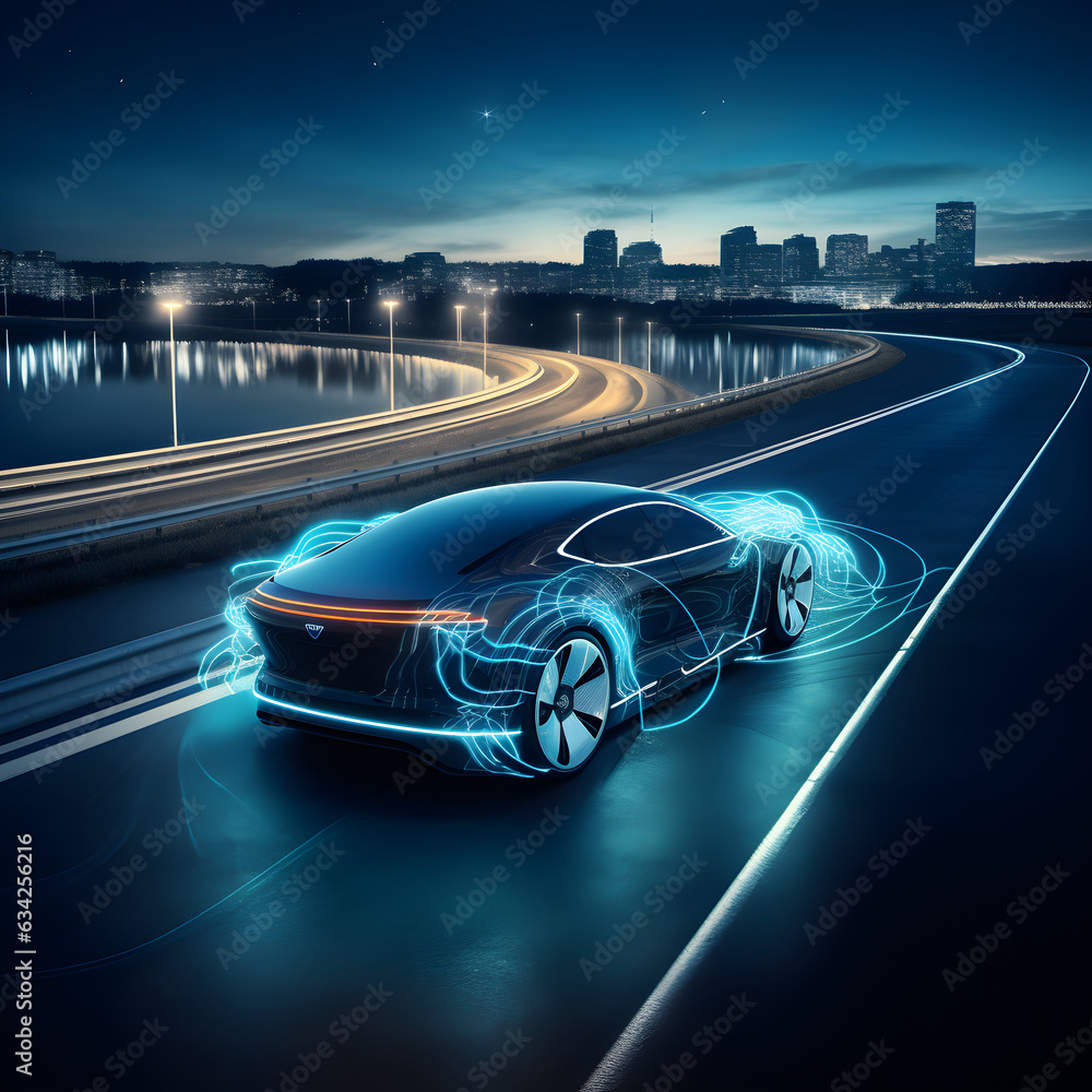 Autonomous self driving electric car change the lane and overtakes city ...