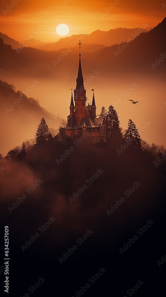 Obraz premium vertical frame, view of the ancient European medieval castle of the princess from the fairy tale in the mountains in the forest and fog landscape