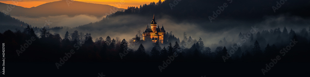 a long narrow panoramic view of the night forest in the mountains and a glowing fairy-tale castle in the fog, a fairy tale of old Europe