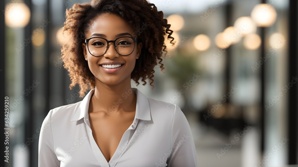 portrait shot of beautiful confident black bussines woman with glasses smiling , Ai generative content