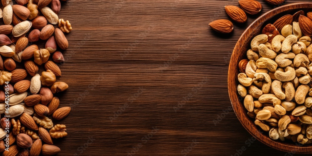 Mixed nuts along all borders and light brown background with wood texture generated by AI Mixed nuts along all borders and light brown background with wood texture generated by AI