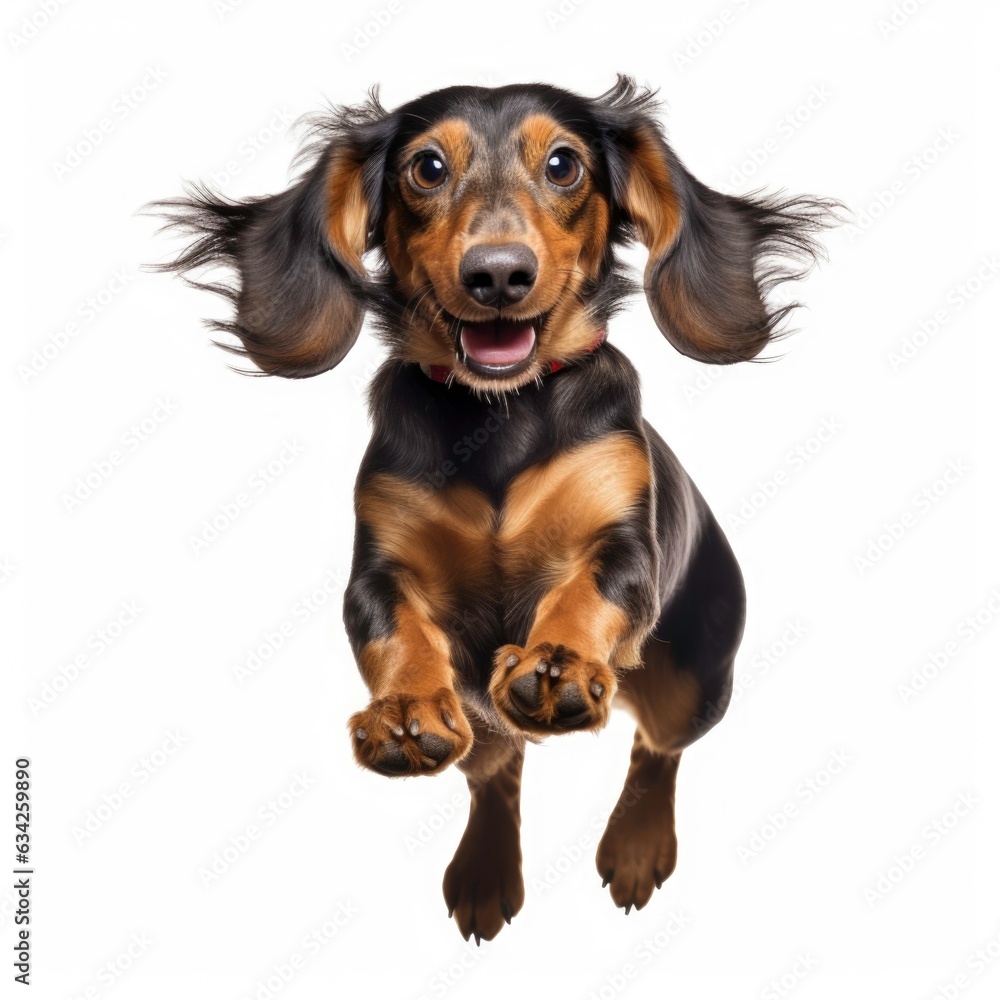 The purebred dog is very happy jumping on a white background. Generated by AI