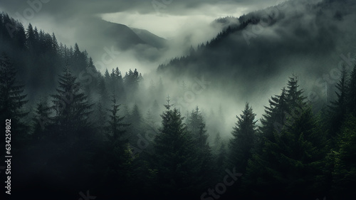 misty autumn coniferous evergreen forest in the mountains nature landscape panoramic view © kichigin19