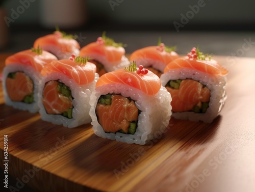 sushi with salmon, delicious, octane render. Generated by AI