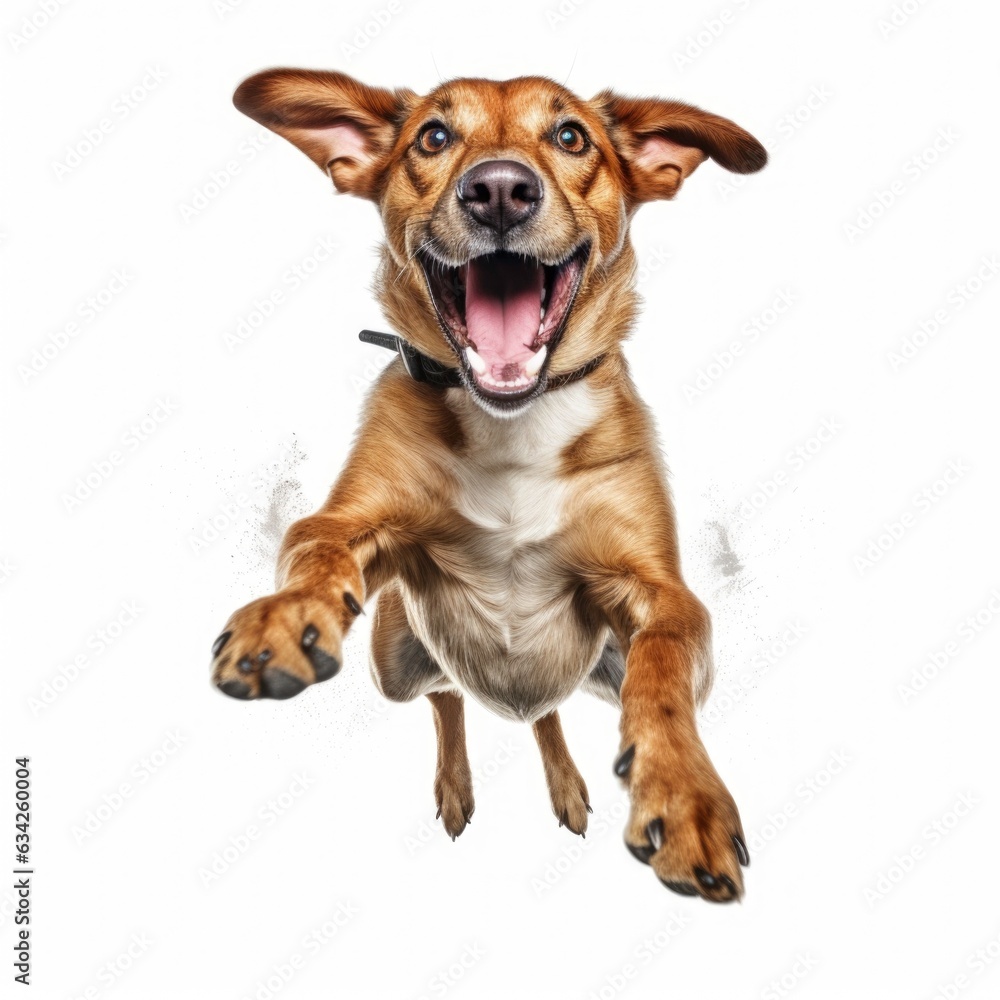 The purebred dog is very happy jumping on a white background. Generated by AI The purebred dog is very happy jumping on a white background. Generated by AI