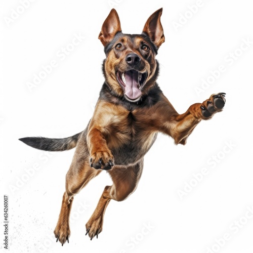The purebred dog is very happy jumping on a white background. Generated by AI