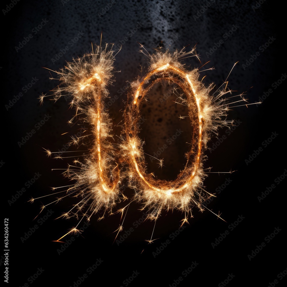 number 10 made of sparkling sparklers on black background - created using generative Ai tools