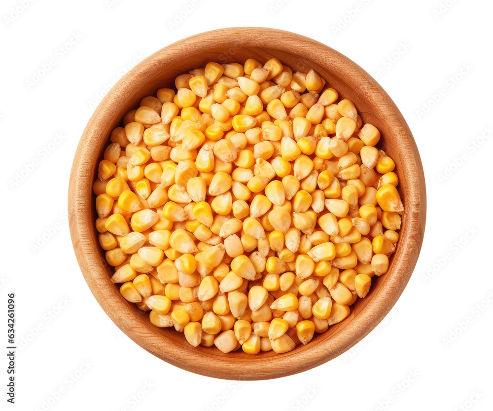 Ripe corn seeds in wooden plate isolated on transparent background, top view Ripe corn seeds in wooden plate isolated on transparent background, top view