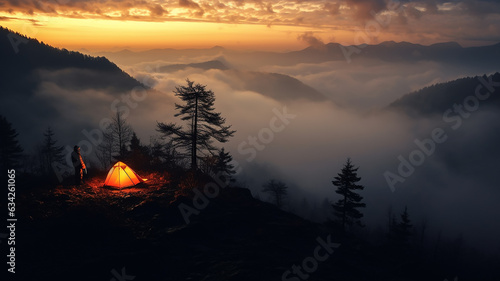 autumn campfire and tent in the night landscape of autumn mountains wildlife view hiking
