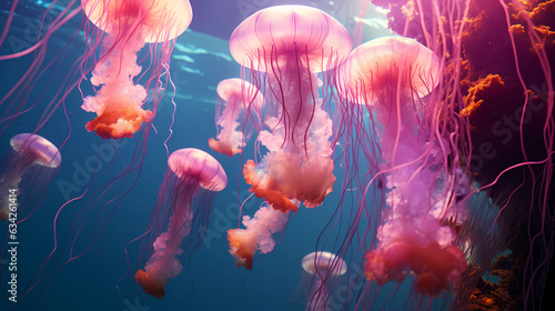 An underwater scene featuring a ballet of graceful jellyfish